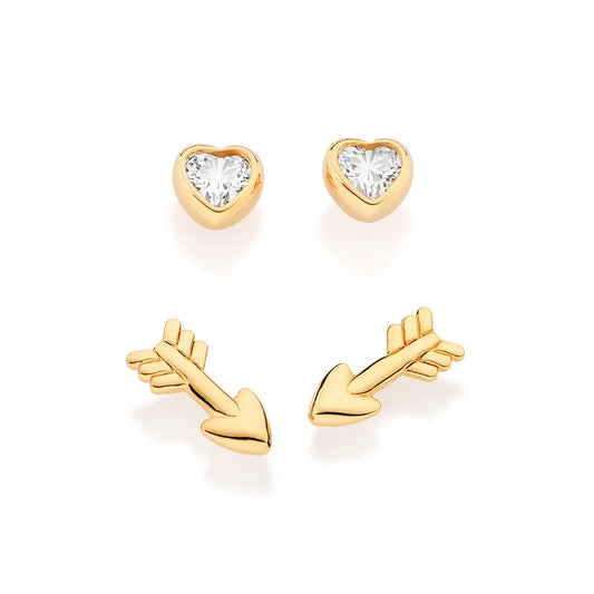 Arrow earring and heart solitaire set, 18k gold plated with cubic zirconia - 527488