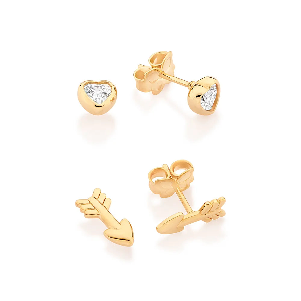 Arrow earring and heart solitaire set, 18k gold plated with cubic zirconia - 527488