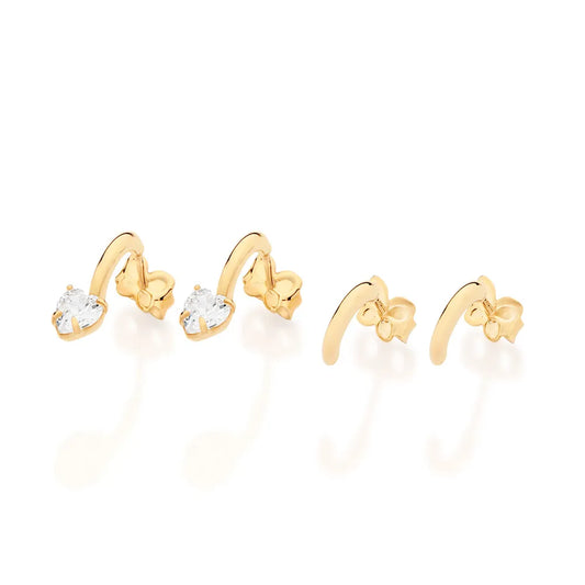 Half-hoop earring set with heart-shaped cubic zirconia, 18k gold plated - 5275270006