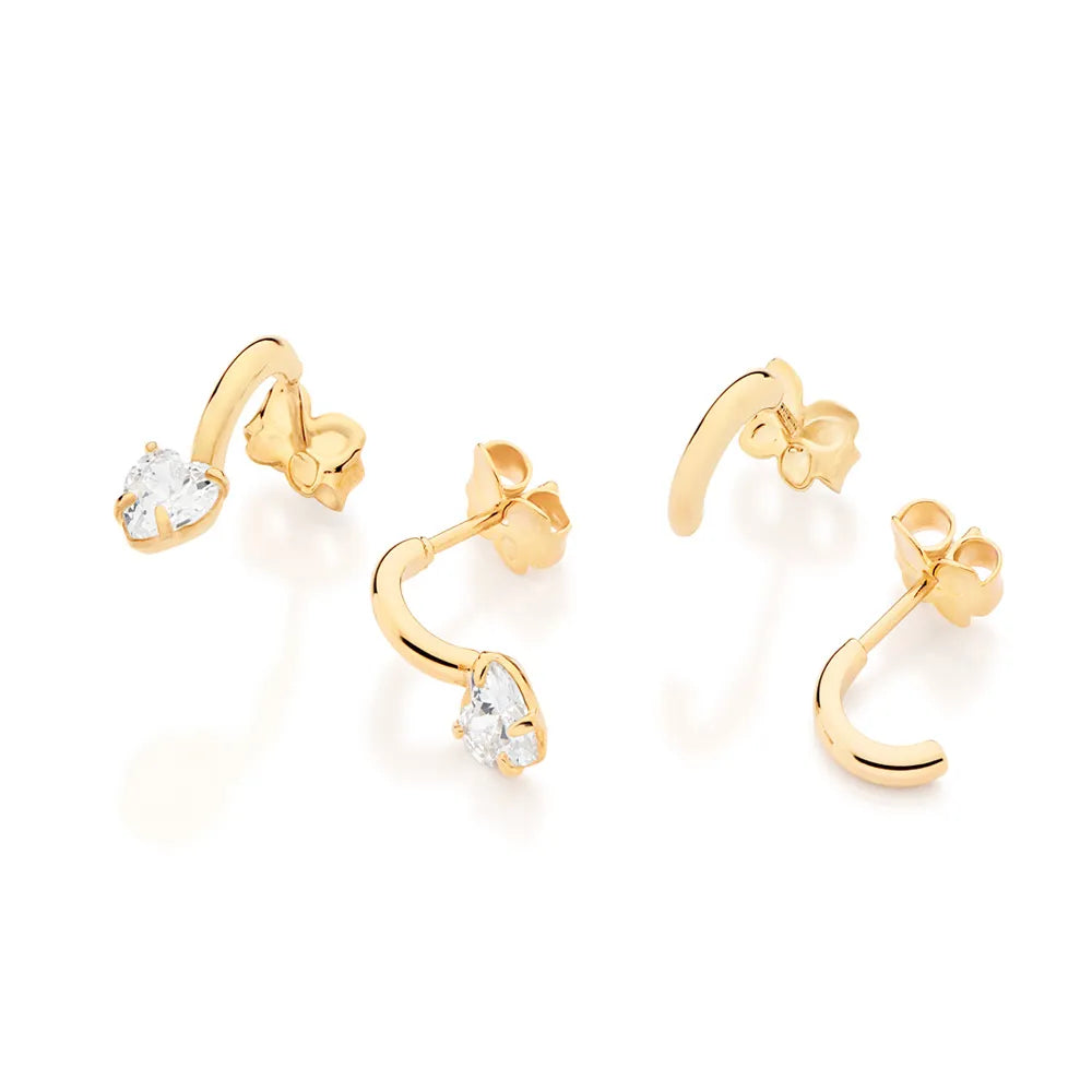 Half-hoop earring set with heart-shaped cubic zirconia, 18k gold plated - 5275270006