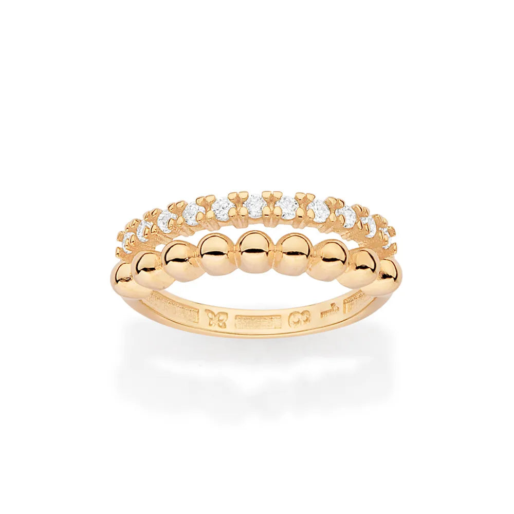 Double band ring plated in 18k gold with spheres and cubic zirconia - 5135511206