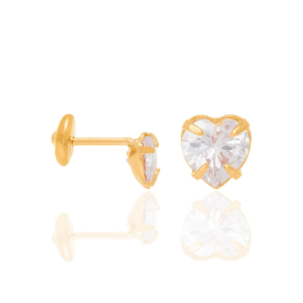Children's 18K Gold-Plated Solitaire Heart Earrings with Cubic Zirconia - 5242250006