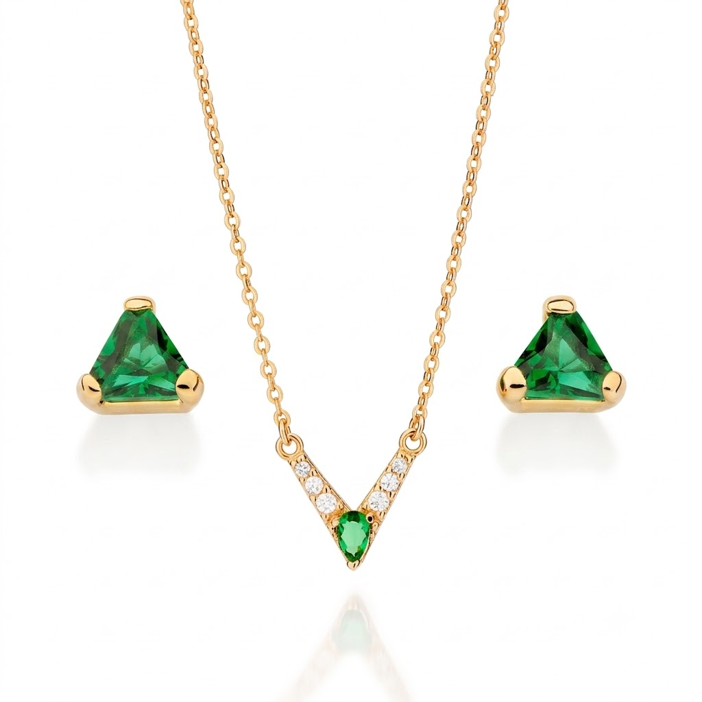 SET GOLD-PLATED ZIRCONIAS AND CRYSTAL GREEN - 0000003